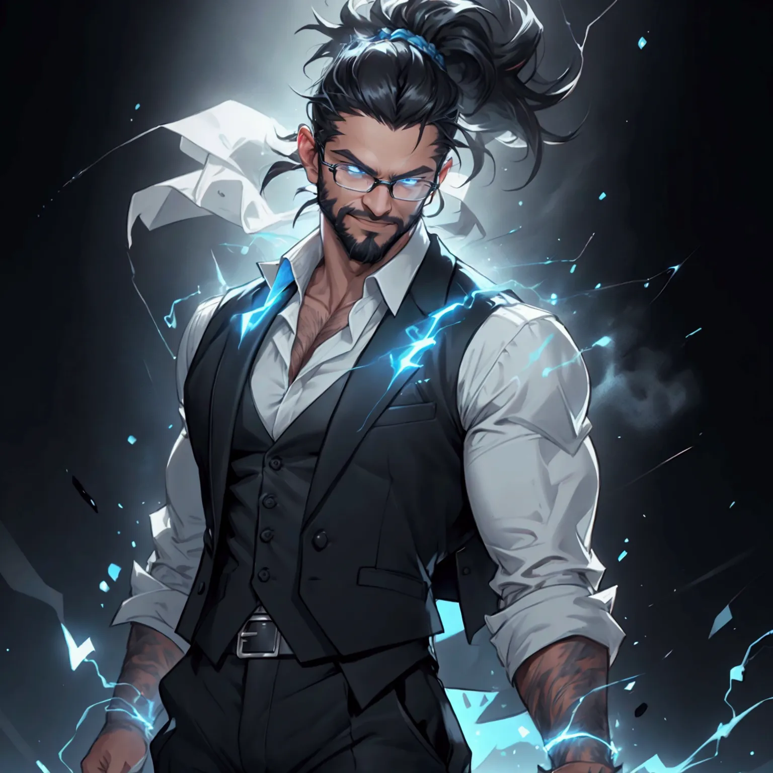 a muscular man with a ponytail, glasses, black hair, light scruffy beard, wearing a business vest and black dress pants, solo, a...