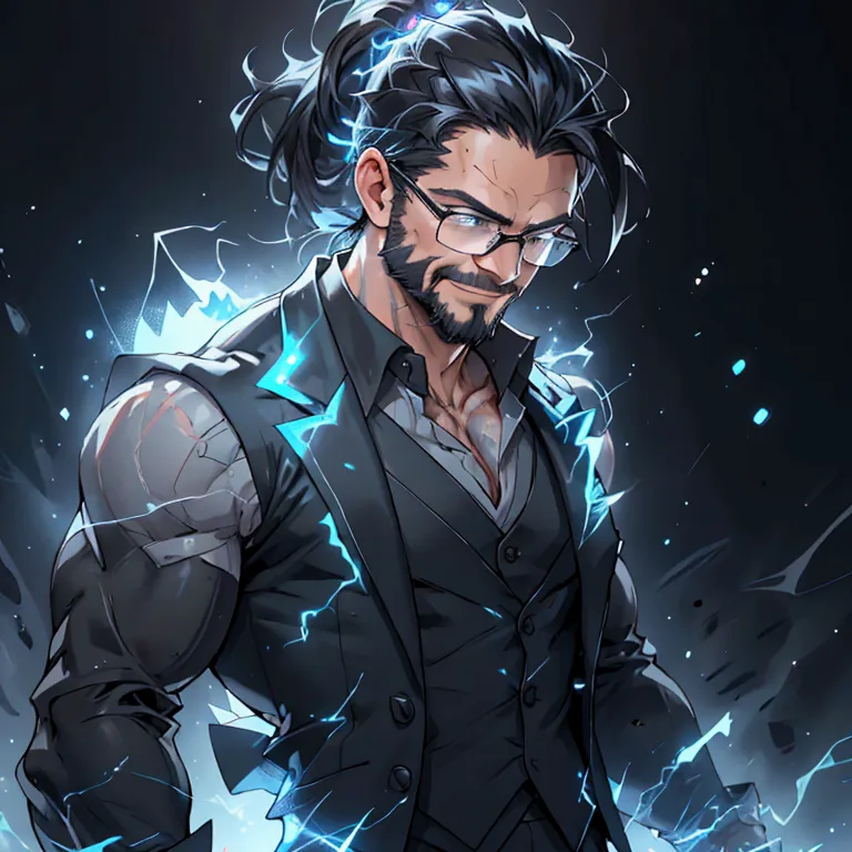 a muscular man with a ponytail, glasses, black hair, light scruffy beard, wearing a business vest and black dress pants, solo, a...