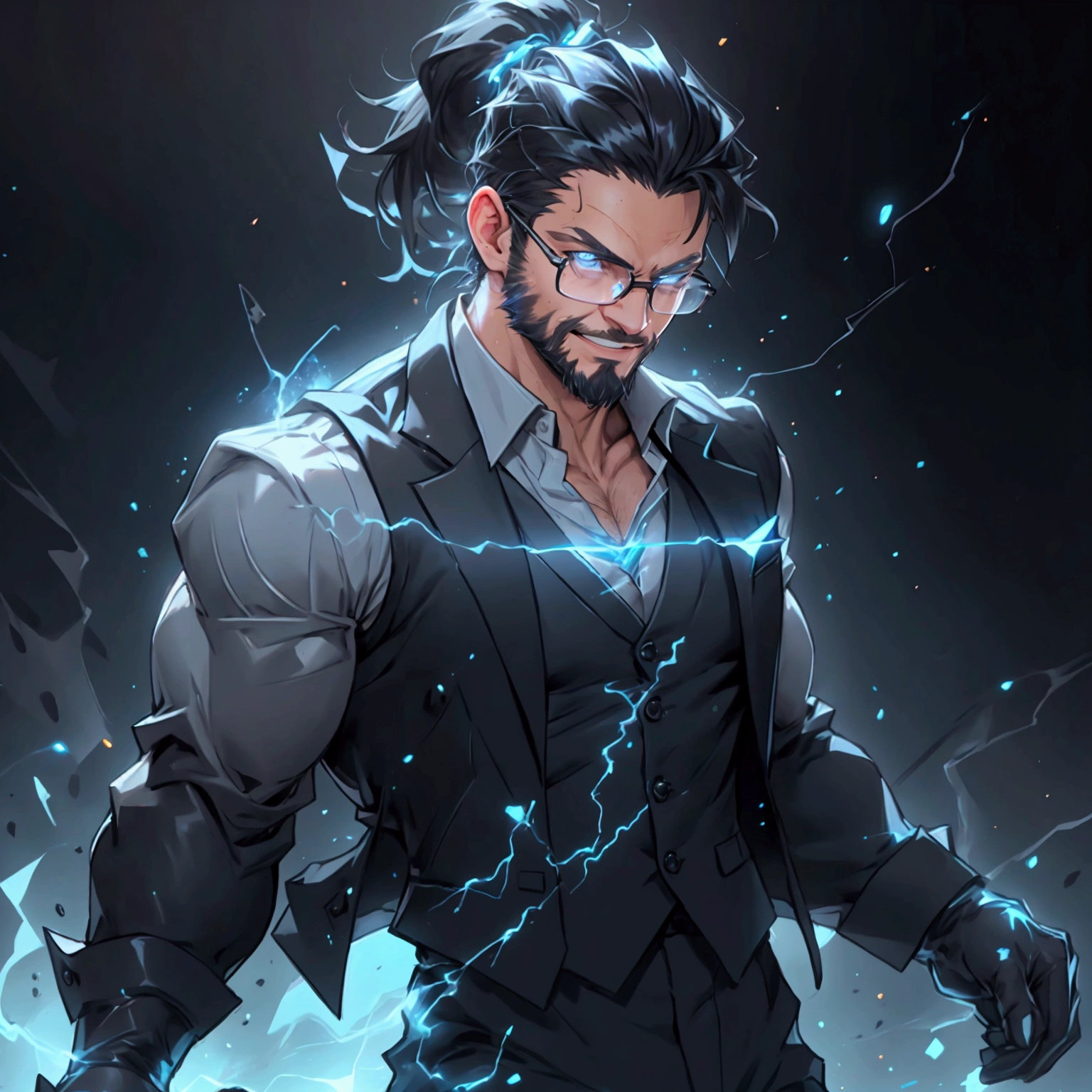 a muscular man with a ponytail, glasses, black hair, light scruffy beard, wearing a business vest and black dress pants, solo, alone, glowing electrical powers, (SOLO)(ALONE), best quality, 8k, highres, masterpiece, ultra-detailed, realistic, photorealistic, photo-realistic, HDR, UHD, studio lighting, ultra-fine painting, sharp focus, physically-based rendering, extreme detail description, professional, vivid colors, bokeh, has blue eyes, blue electric powers, wearing white dress shirt and black vest, fighting pose, grinning, lightning