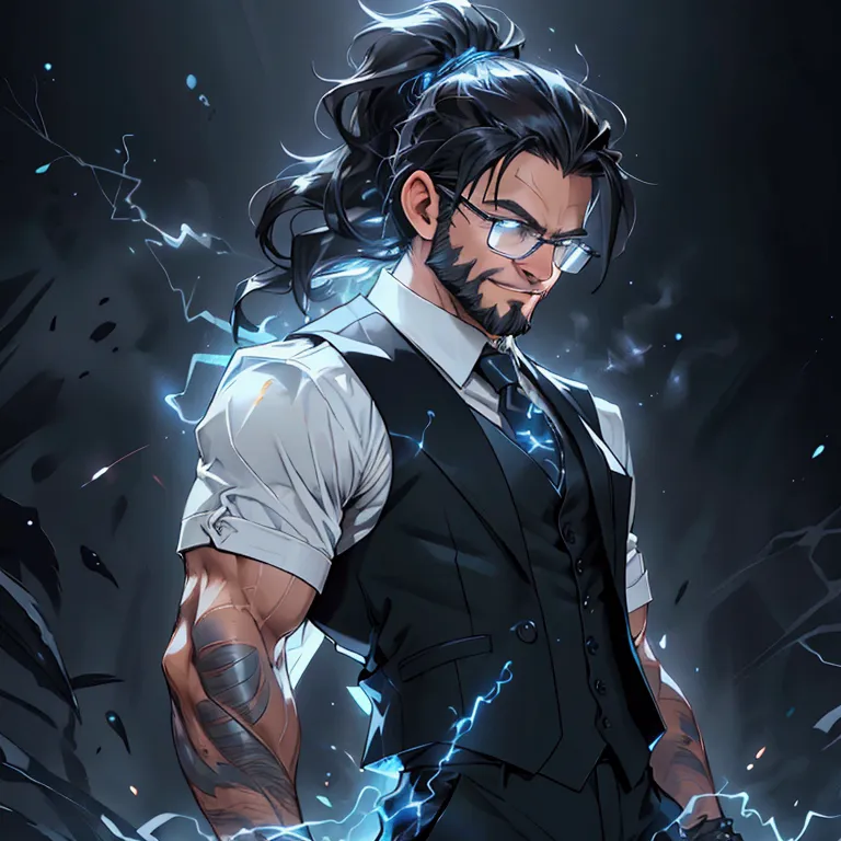 a muscular man with a ponytail, glasses, black hair, light scruffy beard, wearing a business vest and black dress pants, solo, a...