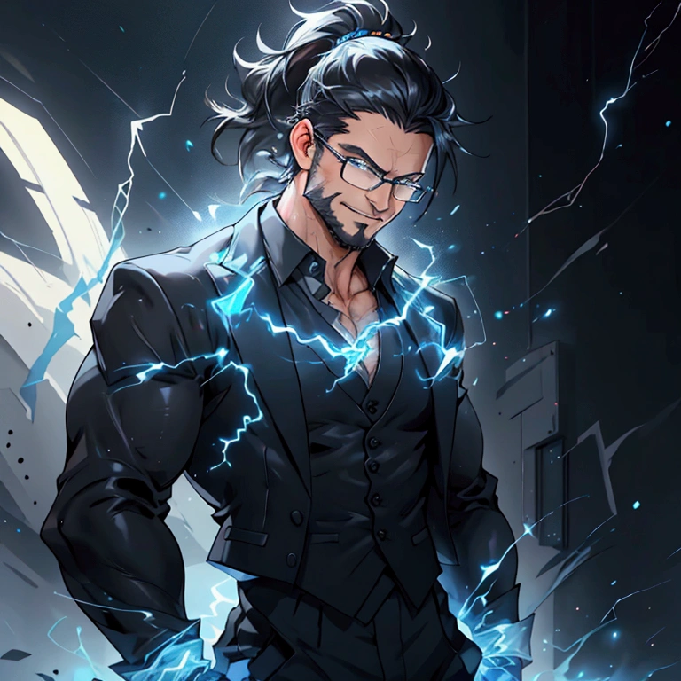 a muscular man with a ponytail, glasses, black hair, light scruffy beard, wearing a business vest and black dress pants, solo, alone, glowing electrical powers, (SOLO)(ALONE), best quality, 8k, highres, masterpiece, ultra-detailed, realistic, photorealistic, photo-realistic, HDR, UHD, studio lighting, ultra-fine painting, sharp focus, physically-based rendering, extreme detail description, professional, vivid colors, bokeh, has blue eyes, blue electric powers, wearing white dress shirt and black vest, fighting pose, grinning, lightning