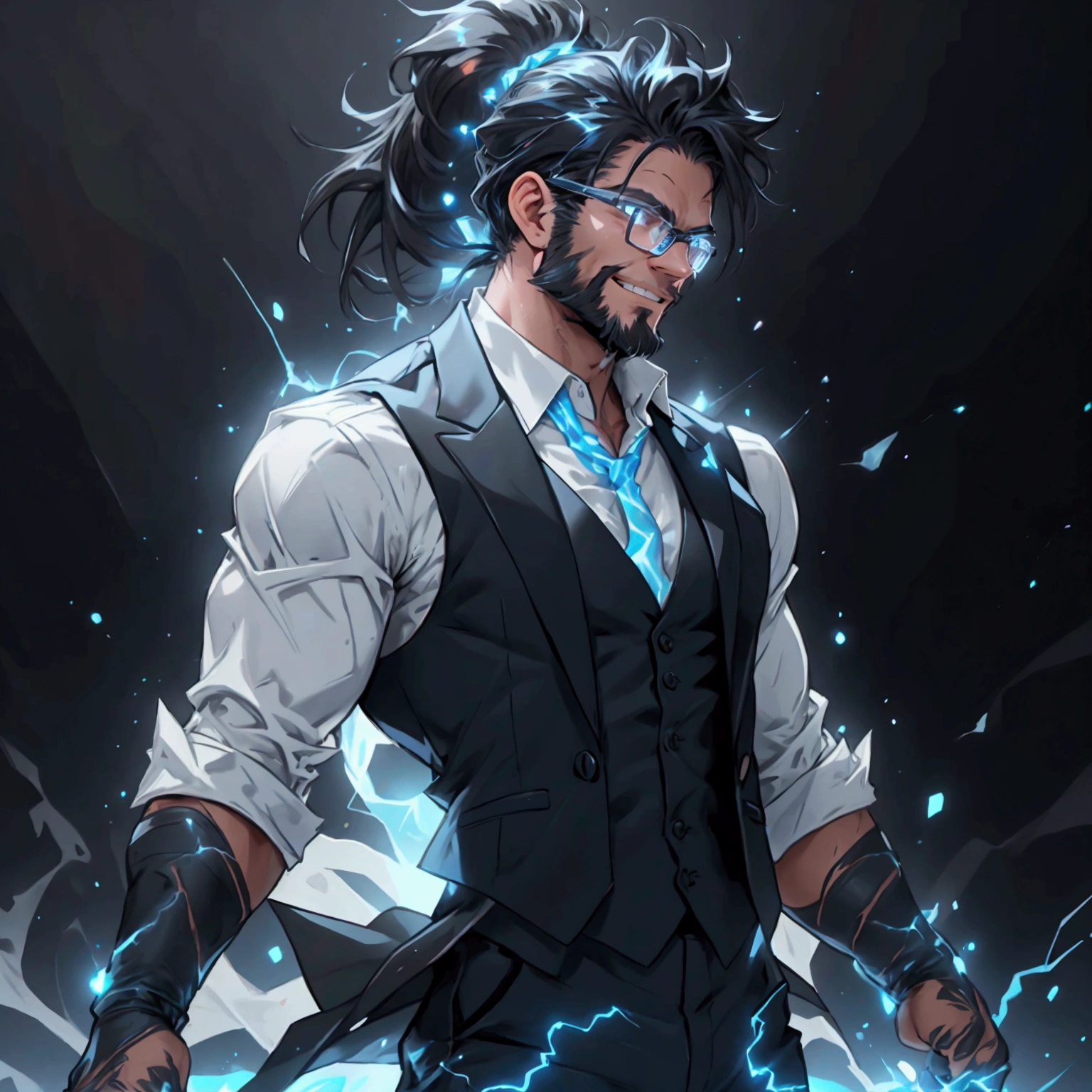 a muscular man with a ponytail, glasses, black hair, light scruffy beard, wearing a business vest and black dress pants, solo, alone, glowing electrical powers, (SOLO)(ALONE), best quality, 8k, highres, masterpiece, ultra-detailed, realistic, photorealistic, photo-realistic, HDR, UHD, studio lighting, ultra-fine painting, sharp focus, physically-based rendering, extreme detail description, professional, vivid colors, bokeh, has blue eyes, blue electric powers, wearing white dress shirt and black vest, fighting pose, grinning, lightning