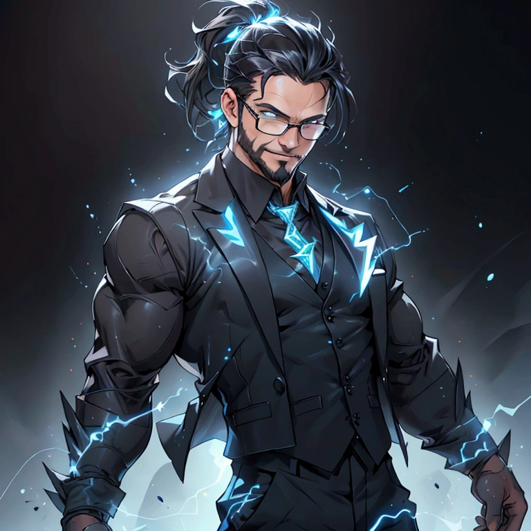 a muscular man with a ponytail, glasses, black hair, light scruffy beard, wearing a business vest and black dress pants, solo, alone, glowing electrical powers, (SOLO)(ALONE), best quality, 8k, highres, masterpiece, ultra-detailed, realistic, photorealistic, photo-realistic, HDR, UHD, studio lighting, ultra-fine painting, sharp focus, physically-based rendering, extreme detail description, professional, vivid colors, bokeh, has blue eyes, blue electric powers, wearing white dress shirt and black vest, fighting pose, grinning, lightning