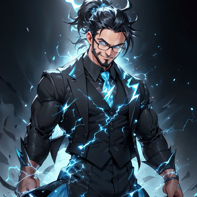 a muscular man with a ponytail, glasses, black hair, light scruffy beard, wearing a business vest and black dress pants, solo, alone, glowing electrical powers, (SOLO)(ALONE), best quality, 8k, highres, masterpiece, ultra-detailed, realistic, photorealistic, photo-realistic, HDR, UHD, studio lighting, ultra-fine painting, sharp focus, physically-based rendering, extreme detail description, professional, vivid colors, bokeh, has blue eyes, blue electric powers, wearing white dress shirt and black vest, fighting pose, grinning, lightning