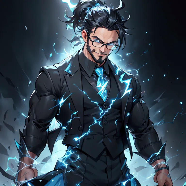 a muscular man with a ponytail, glasses, black hair, light scruffy beard, wearing a business vest and black dress pants, solo, a...