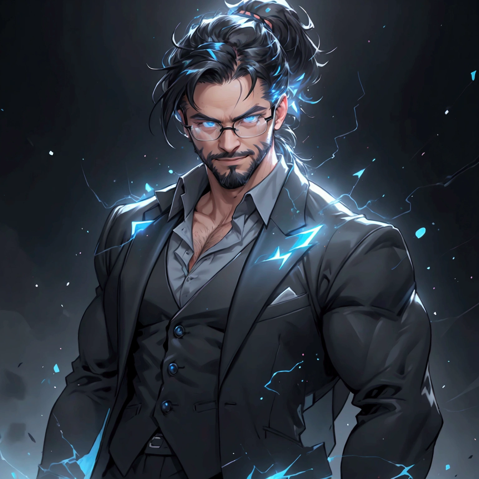 a muscular man with a ponytail, glasses, black hair, light scruffy beard, wearing a business vest and black dress pants, solo, alone, glowing electrical powers, (SOLO)(ALONE), best quality, 8k, highres, masterpiece, ultra-detailed, realistic, photorealistic, photo-realistic, HDR, UHD, studio lighting, ultra-fine painting, sharp focus, physically-based rendering, extreme detail description, professional, vivid colors, bokeh, has blue eyes, blue electric powers, wearing white dress shirt and black vest, fighting pose, grinning, lightning