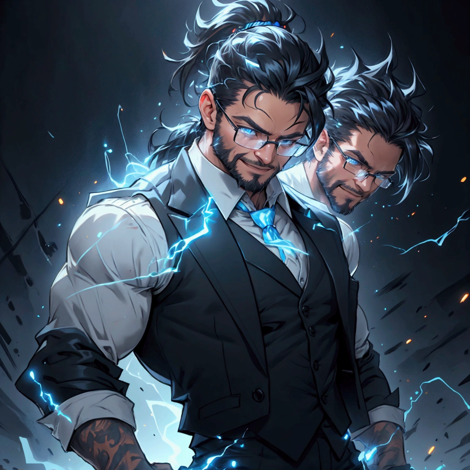 a muscular man with a ponytail, glasses, black hair, light scruffy beard, wearing a business vest and black dress pants, solo, alone, glowing electrical powers, (SOLO)(ALONE), best quality, 8k, highres, masterpiece, ultra-detailed, realistic, photorealistic, photo-realistic, HDR, UHD, studio lighting, ultra-fine painting, sharp focus, physically-based rendering, extreme detail description, professional, vivid colors, bokeh, has blue eyes, blue electric powers, wearing white dress shirt and black vest, fighting pose, grinning, lightning