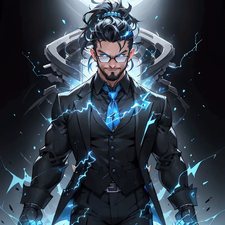 a muscular man with a ponytail, glasses, black hair, light scruffy beard, wearing a business vest and black dress pants, solo, a...