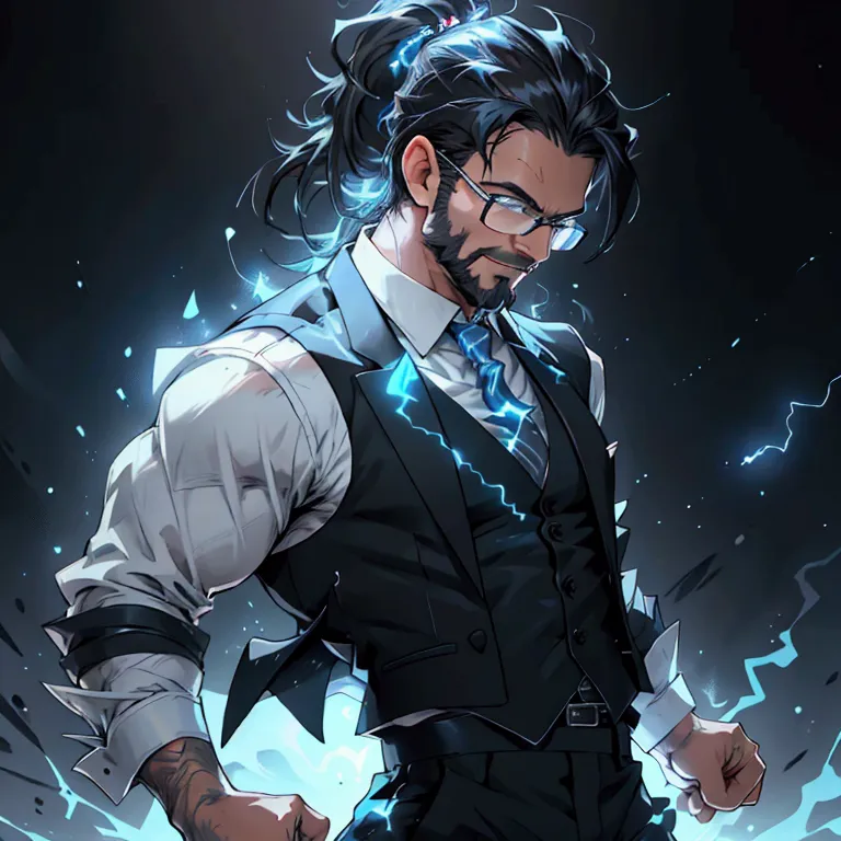 a muscular man with a ponytail, glasses, black hair, light scruffy beard, wearing a business vest and black dress pants, solo, a...