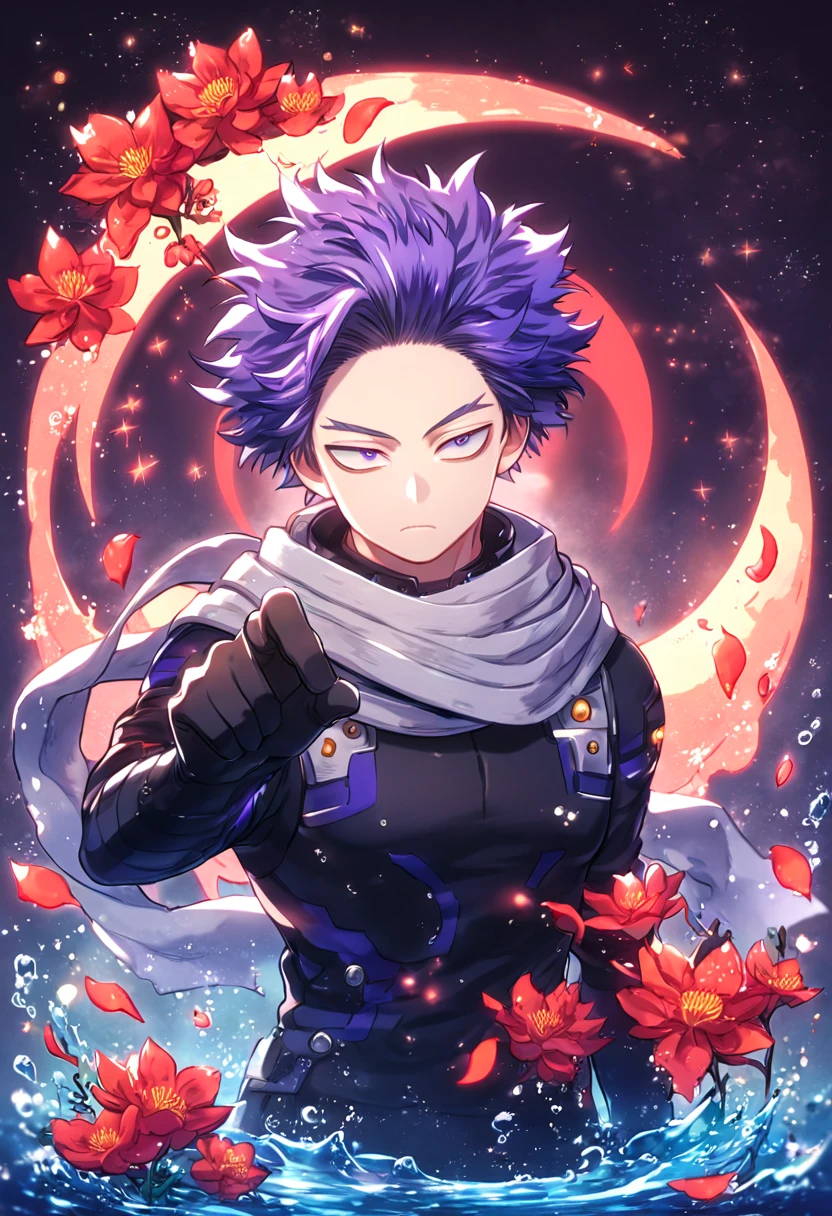 absurdesten, highres, Extrem detailliert, HDR, Meisterwerk, Shinsou Hitoshi, Indigo-Haar, Zerzaustes Haar, ausdrucksstarke lila Augen, grauer Schal, schwarze Kleidung, schwarze Handschuhe, Boku no hero academia, sexy Mann, Gutaussehend, beste Qualität, rot glitzernder Halbmond, rote Blumen, Fantasie, magisch, Allein, Wasser, rot leuchtende Glühwürmchen, rote Blütenblätter, Sinnlich