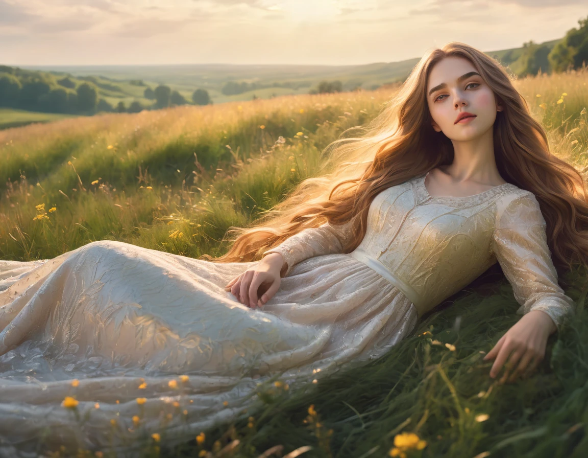 a beautiful girl lying in a meadow, detailed facial features, long flowing hair, elegant dress, low angle perspective, serene countryside landscape, warm golden hour lighting, vibrant colors, photorealistic, detailed intricate texture, cinematic composition, dramatic lighting, ethereal mood, highly detailed, masterpiece