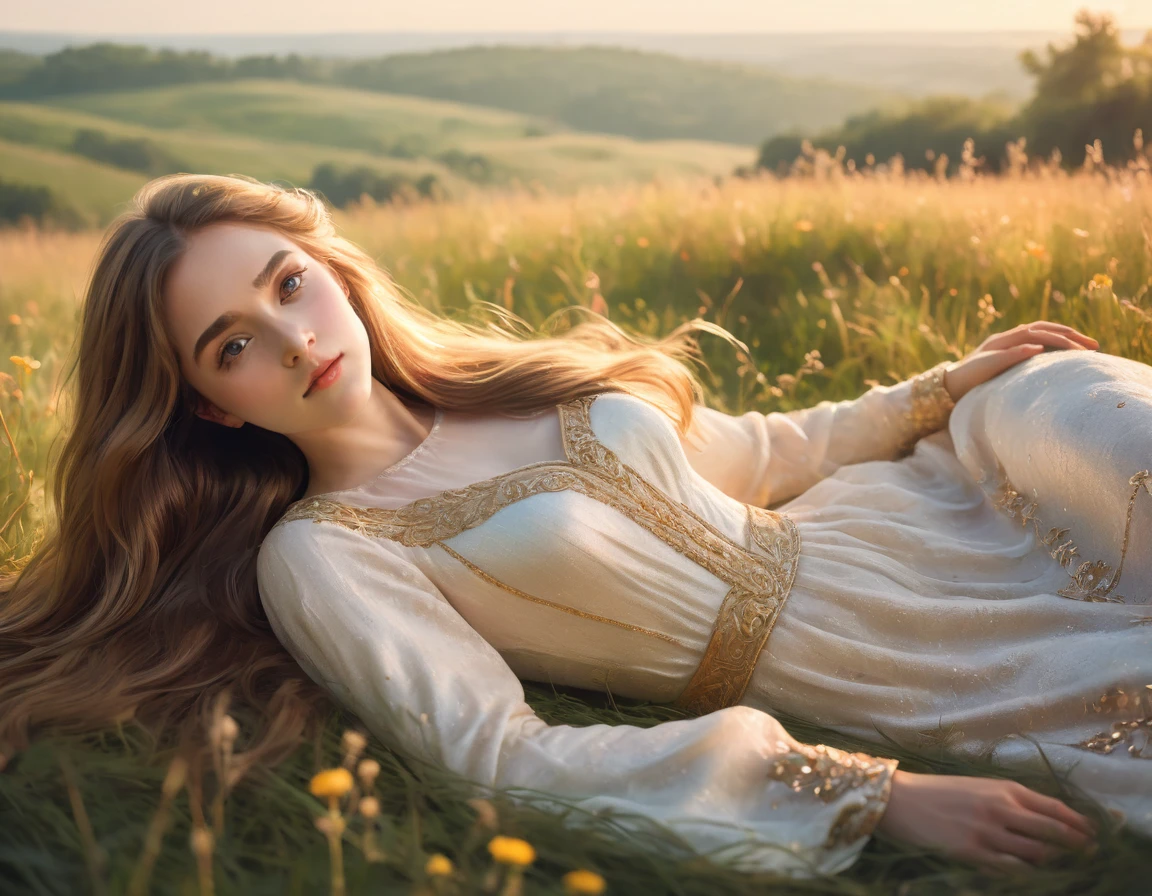 a beautiful girl lying in a meadow, detailed facial features, long flowing hair, elegant dress, low angle perspective, serene countryside landscape, warm golden hour lighting, vibrant colors, photorealistic, detailed intricate texture, cinematic composition, dramatic lighting, ethereal mood, highly detailed, masterpiece