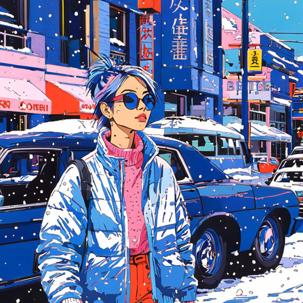 Hideto Suzuki,One girl,suit, walk, street, sunglasses, shop, sports car, blue sky、Illustrator, anime , Realistic ,sketch , One girl, ,lip, sweater,order, Blue gradient background, Neon Hair,textured crop, Canadian, (masterpiece,Highest quality)、winter、snow