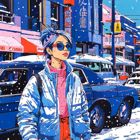 hideto suzuki,one girl,suit, walk, street, sunglasses, shop, sports car, blue sky、illustrator, anime , realistic ,sketch , one g...