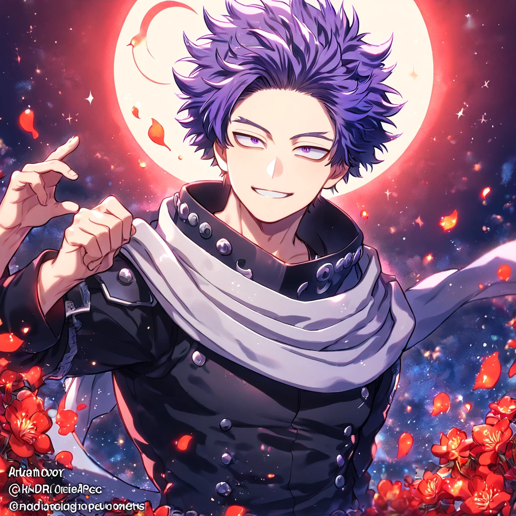 absurdesten, highres, Extrem detailliert, HDR, Meisterwerk, Shinsou Hitoshi, Indigo-Haar, Zerzaustes Haar, ausdrucksstarke lila Augen, grauer Schal, schwarze Kleidung, Boku no hero academia, sexy Mann, Gutaussehend, beste Qualität, rot glitzernder Halbmond, rote Blumen, Fantasie, magisch, Allein, Wasser, rot leuchtende Glühwürmchen, rote Blütenblätter, Sinnlich, Gutaussehend smile