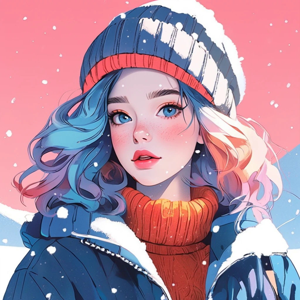 Illustrator, anime , Realistic ,sketch , One girl, ,lip, sweater,order, Blue gradient background, Neon Hair,textured crop, Canadian, (masterpiece,Highest quality)、winter、snow