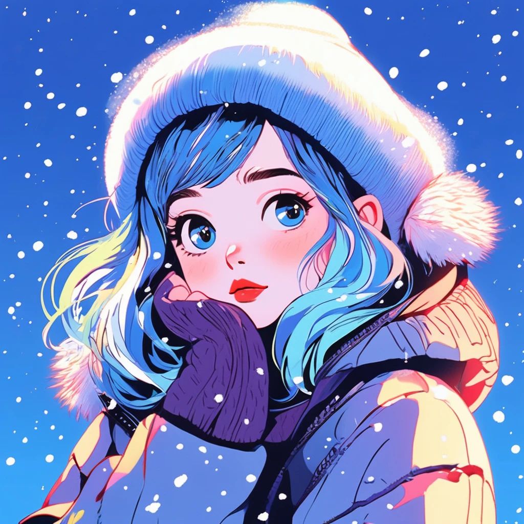 Illustrator, anime , Realistic ,sketch , One girl, ,lip, sweater,order, Blue gradient background, Neon Hair,textured crop, Canadian, (masterpiece,Highest quality)、winter、snow