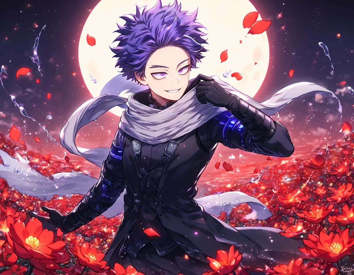 absurdesten, highres, Extrem detailliert, HDR, Meisterwerk, Shinsou Hitoshi, Indigo-Haar, Zerzaustes Haar, ausdrucksstarke lila Augen, grauer Schal, schwarze Kleidung, schwarze Handschuhe, Boku no hero academia, sexy Mann, Gutaussehend, beste Qualität, rot glitzernder Halbmond, rote Blumen, Fantasie, magisch, Allein, Wasser, rot leuchtende Glühwürmchen, rote Blütenblätter, Sinnlich, Gutaussehend smile