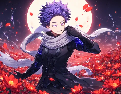 absurdres, highres, ultra detailed, HDR, master piece, Shinsou Hitoshi, indigo hair, messy hair, expressive purple eyes, gray sc...