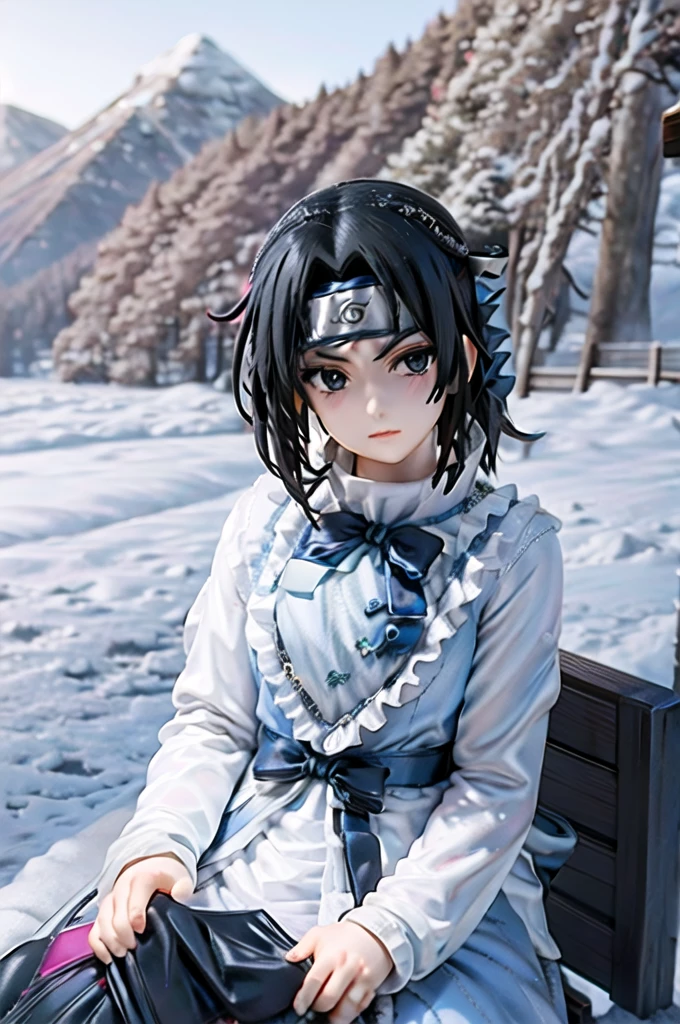 masterpiece, best quality, 1boy,  uchiha sasuke,  black hair, black eyes, forehead protector,  shirt,  upper body, looking at viewer, outdoors, winter, snow, trees, moutains in background wearing victorian era princess dress sitting down kneeling