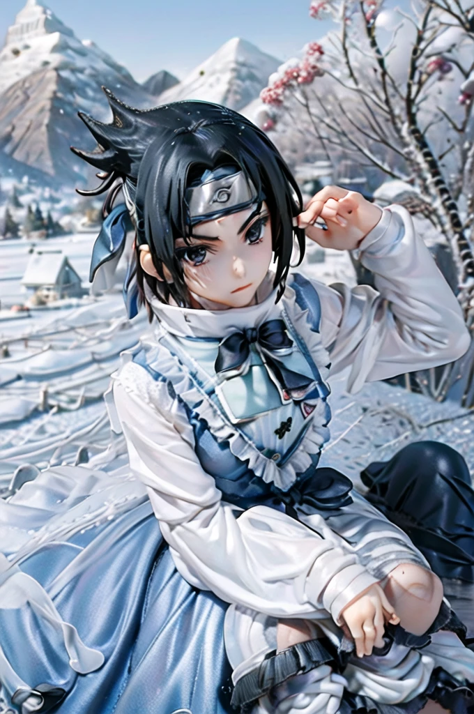 masterpiece, best quality, 1boy,  uchiha sasuke,  black hair, black eyes, forehead protector,  shirt,  upper body, looking at viewer, outdoors, winter, snow, trees, moutains in background wearing victorian era princess dress sitting down kneeling