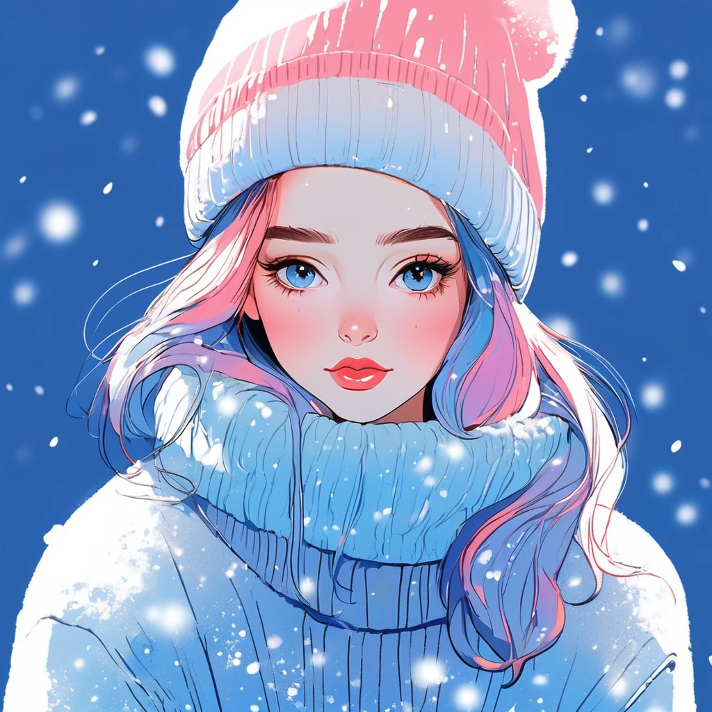 Illustrator, anime , Realistic ,sketch , One girl, ,lip, sweater,order, Blue gradient background, Neon Hair,textured crop, Canadian, (masterpiece,Highest quality)、winter、snow