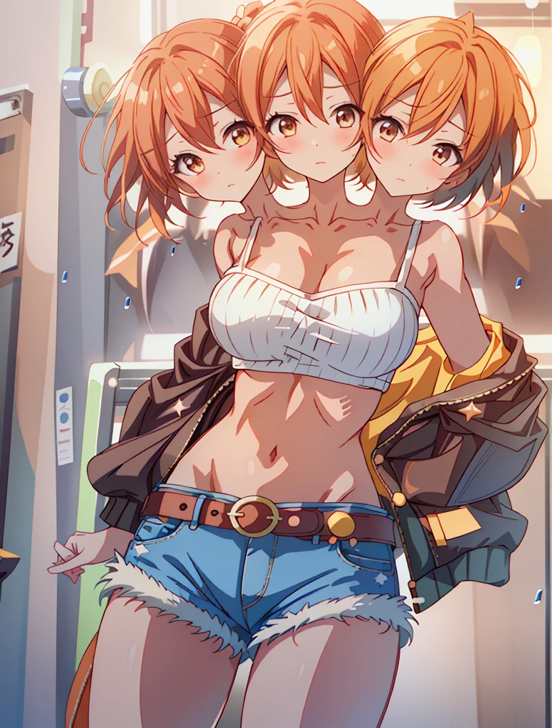 Hoshizora rin, Best Quality,(beauty), 1girl,phisically-based render ,ultra highres,(cowboy shot:1.5),narrow waist, skinny, big eyes,crop top, long legs,torn shorts, leather belt, very huge breasts, puffy eyes, leather belt,(rainy city), shiny skin, facing viewer, Victory posture,(midriff:0.7), sweating, flying sweat drops,off shoulder, conjoined_dicephalus, (three heads:1.3)