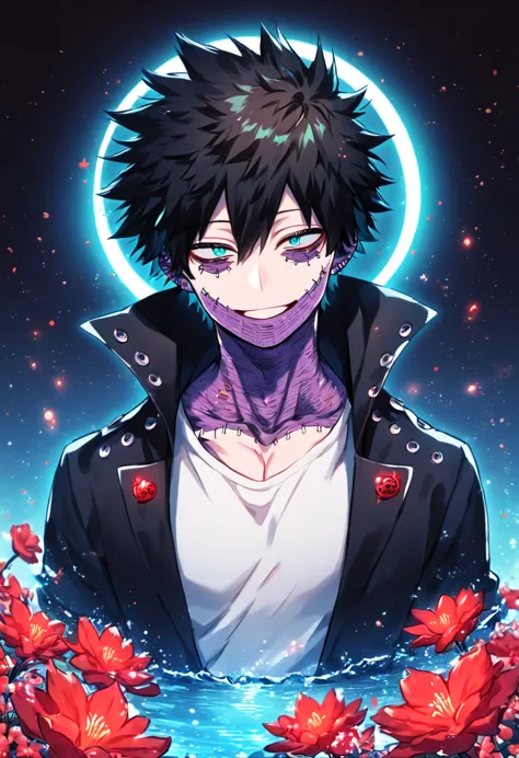 absurdres, highres, ultra detailed, HDR, master piece, Dabi, black hair, expressive turquoise eyes, black coat with high collar,...