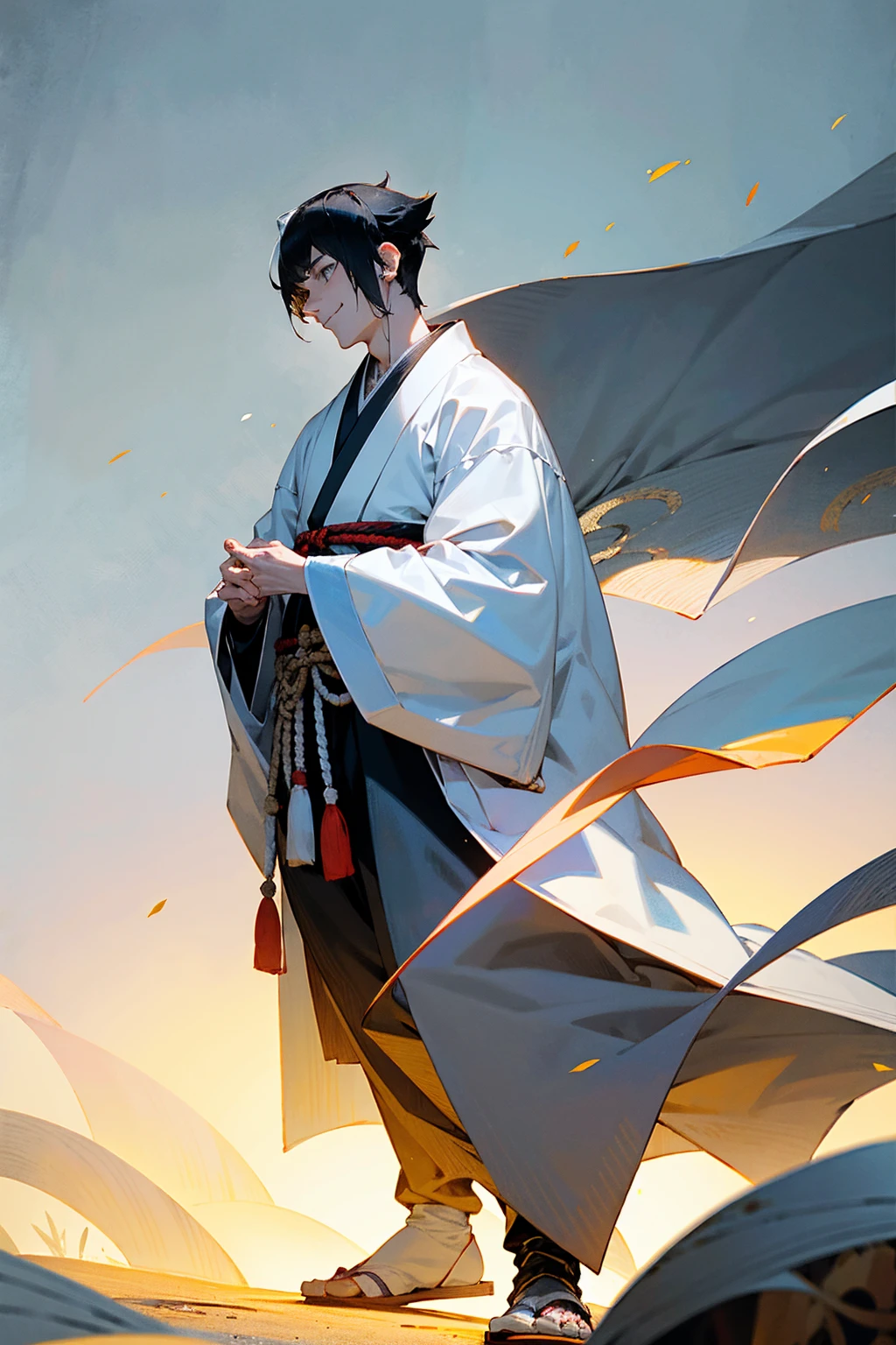 1male, man, black hair, white hair, grey eyes, calm expression, smiling, black yukata and white accents, japanese battlefield background, hands to side, detailed face, standing on path, detailed background