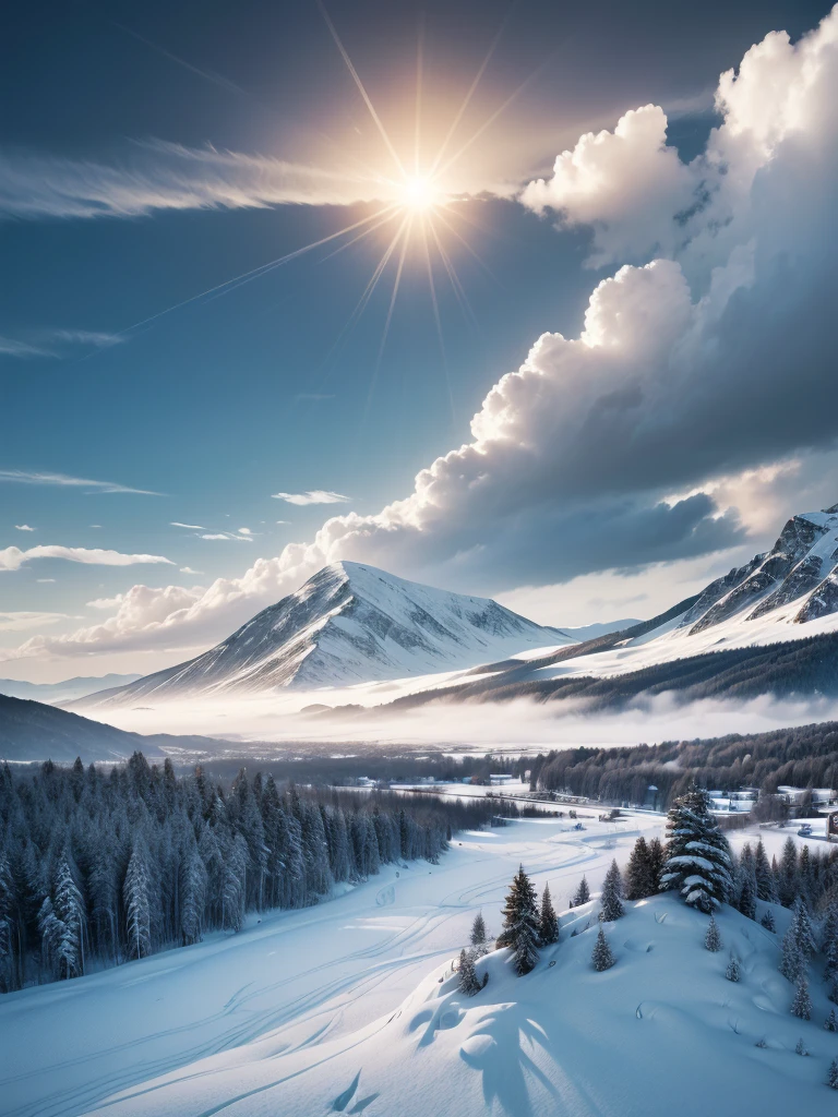 Film art, conceptual artwork, work of art, wide angle perspective, S-shaped composition, an image of the mountain landscape from near to far in a cinematic vision, with distinct levels, clear high and low, distant sunset on top of a snowy mountain, HD texture, snowy mountains in distant layers, white clouds,