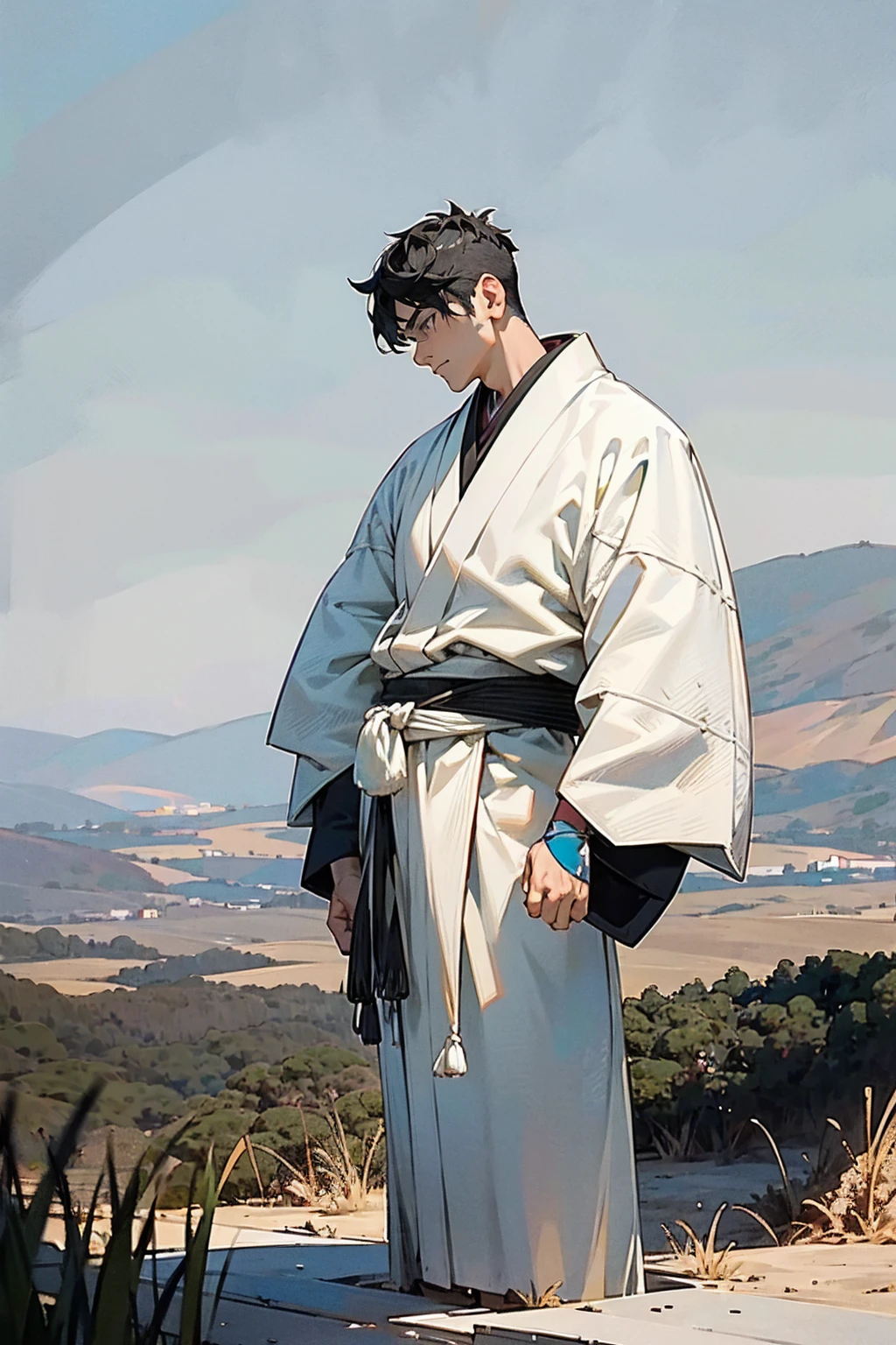 1male, man, black hair, white hair, grey eyes, calm expression, black yukata and white accents, japanese battlefield background, hands to side, detailed face, standing on path, detailed background