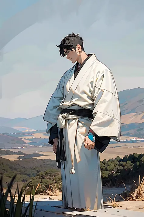 1male, man, black hair, white hair, grey eyes, calm expression, black yukata and white accents, japanese battlefield background,...