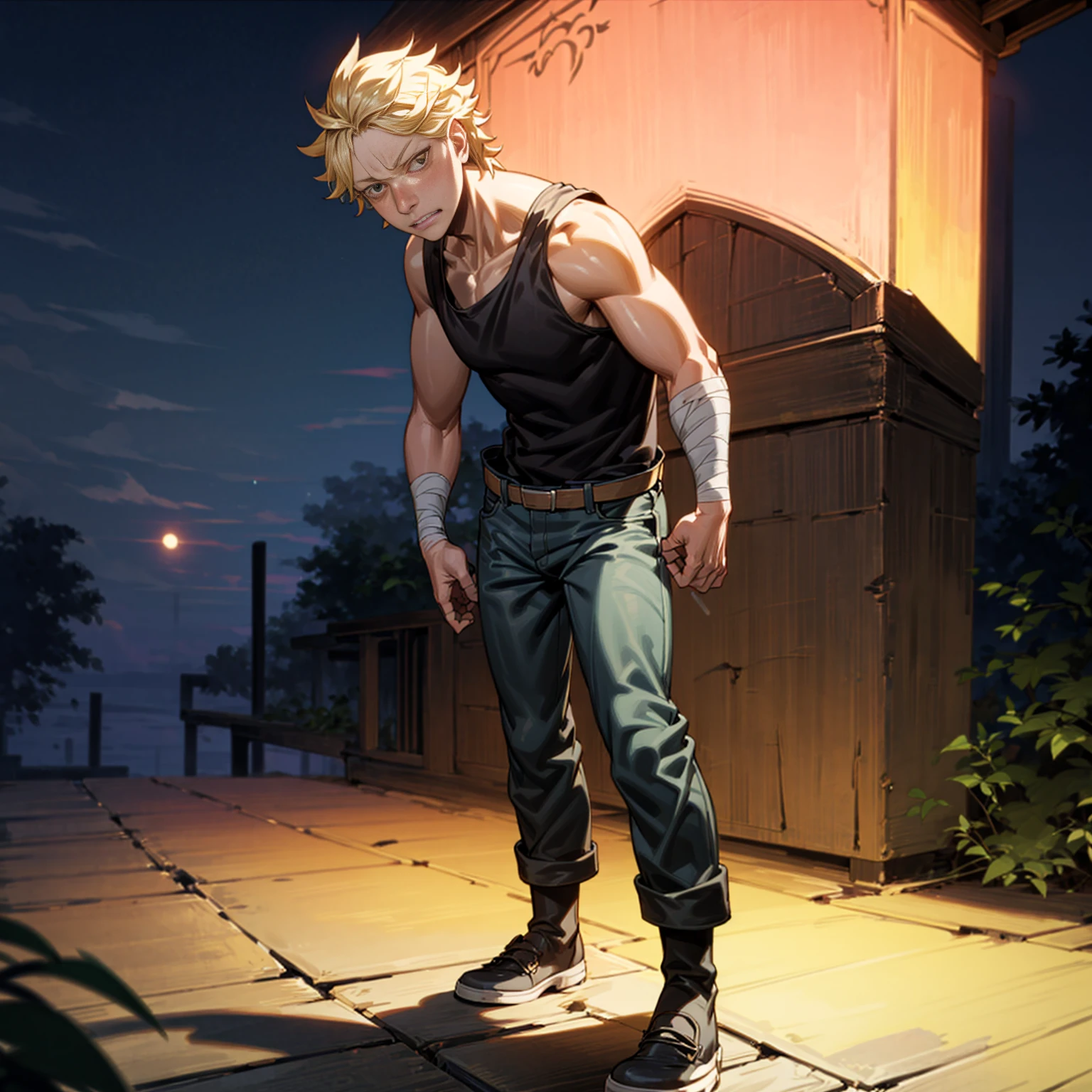 Solo character, full body version, aged man, blonde hair, short haircut, Very tall, black singlet, jeans, bandage, shoes, evening, outdoor, town, (black clover style)