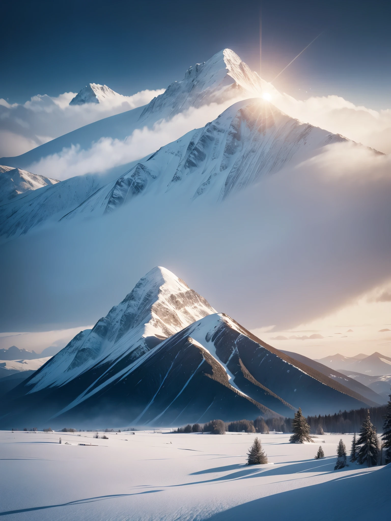 Film art, conceptual artwork, work of art, wide angle perspective, S-shaped composition, an image of the mountain landscape from near to far in a cinematic vision, with distinct levels, clear high and low, distant sunset on top of a snowy mountain, HD texture, snowy mountains in distant layers, white clouds,