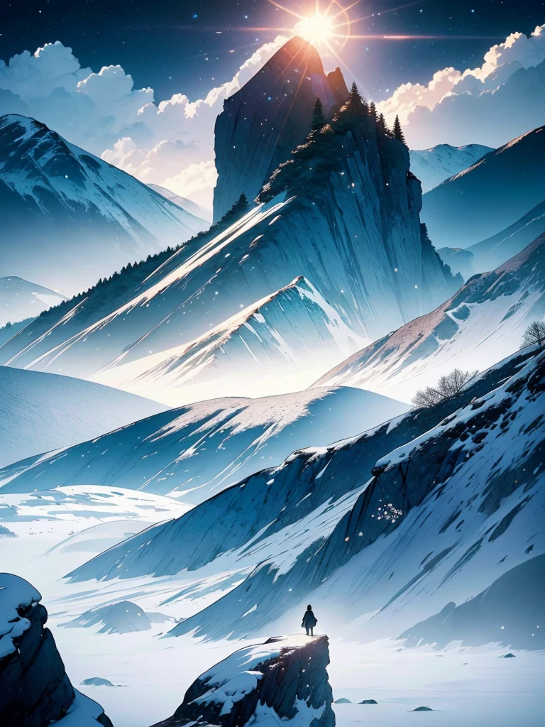 Film art, conceptual artwork, work of art, wide angle perspective, S-shaped composition, an image of the mountain landscape from near to far in a cinematic vision, with distinct levels, clear high and low, distant sunset on top of a snowy mountain, HD texture, snowy mountains in distant layers, white clouds,