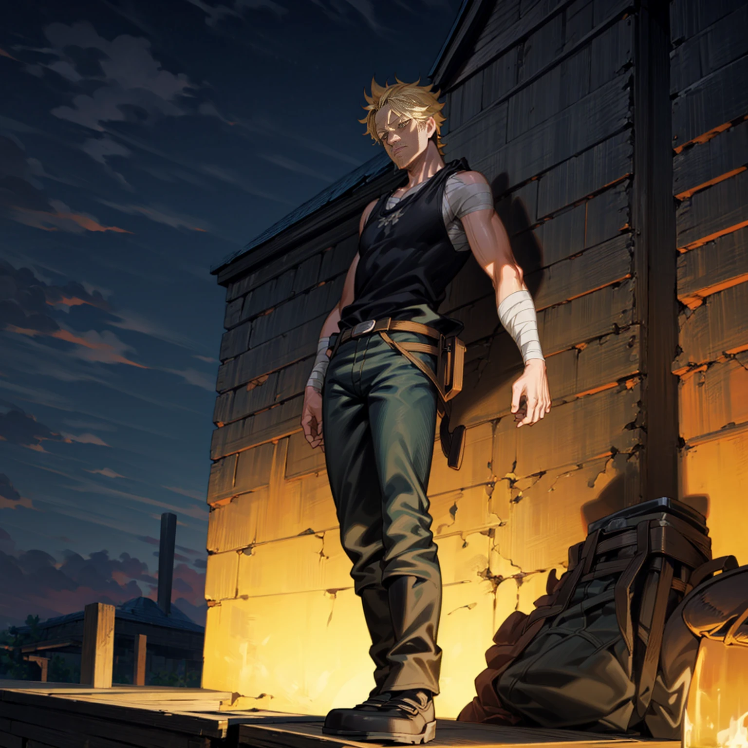 Solo character, full body version, aged man, blonde hair, short haircut, Very tall, black singlet, jeans, bandage, shoes, evening, outdoor, town, (black clover style)