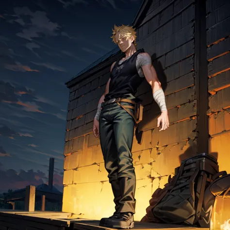 solo character, full body version, aged man, blonde hair, short haircut, very tall, black singlet, jeans, bandage, shoes, evenin...