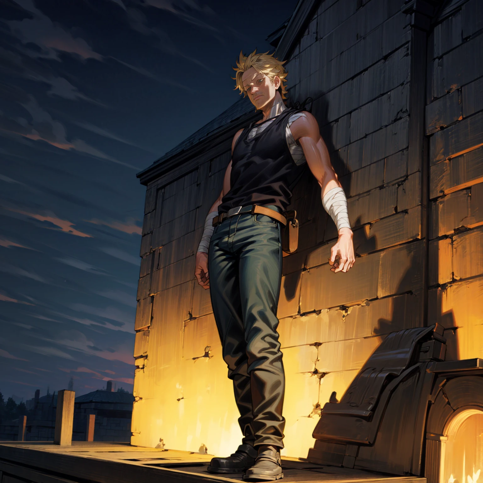 Solo character, full body version, aged man, blonde hair, short haircut, Very tall, black singlet, jeans, bandage, shoes, evening, outdoor, town, (black clover style)