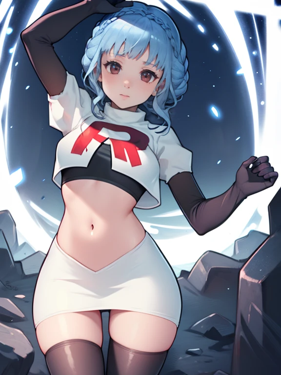 marianne von edmund, team rocket uniform, red letter R, white skirt,white crop top,black thigh-high boots, black elbow gloves, looking at viewer, cowboy shot, sexy pose, night sky background