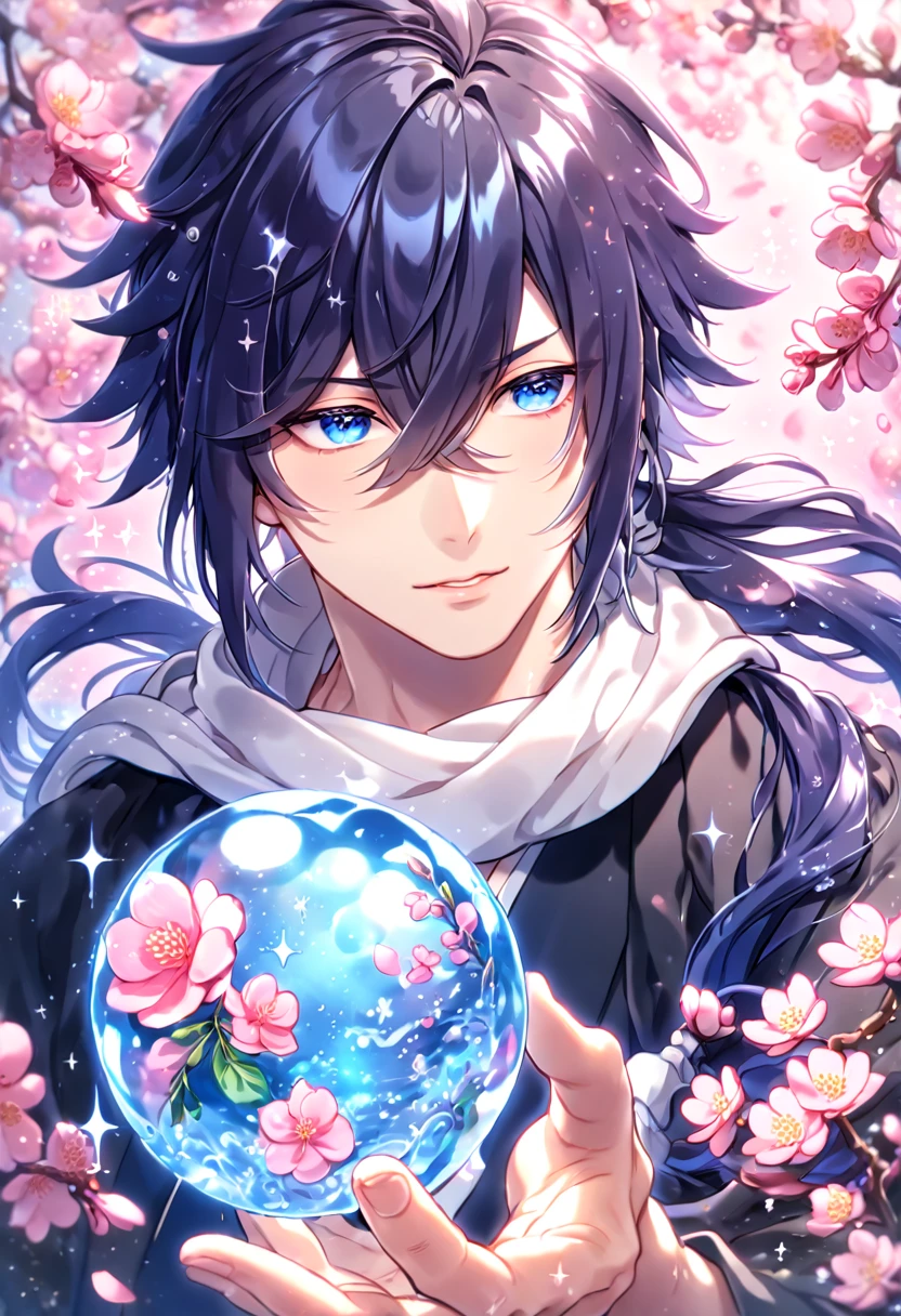 absurdres, highres, ultra detailed, HDR, master piece, best quality, Hajime Saito, long indigo hair, hair loosely tied into a side low ponytail, hair over the right eye, expressive blue eyes, Hakuouki, solo, sexy man, handsome, white scarf, black kimono, water, fantasy, magical, shining, pink flowers, pink blossoms, pink petals, shining, sparkling glass