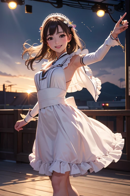 (Highest quality、 8k 、masterpiece、High resolution)、(Dancer)、Full Body Shot、15 year old girl、Idol、cute、Dancing with a smile、Outdoor Stage、AKB48 Costumes、Realistic、Realistic、Official Art、Detailed CG、Professional Lighting、Professional photographer、