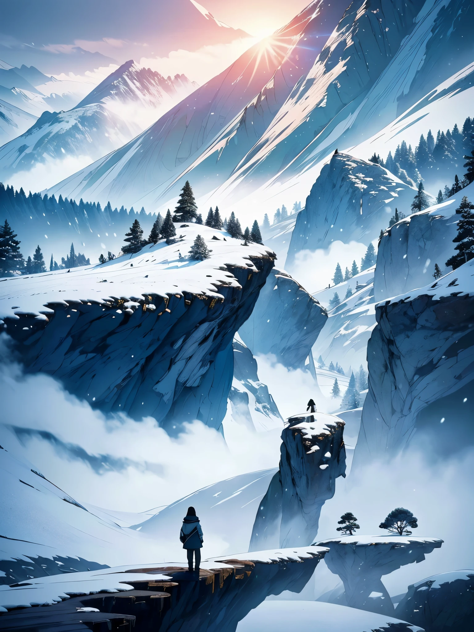 Film art, conceptual artwork, work of art, wide angle perspective, S-shaped composition, an image of the mountain landscape from near to far in a cinematic vision, with distinct levels, clear high and low, distant sunset on top of a snowy mountain, HD texture, snowy mountains in distant layers, white clouds,