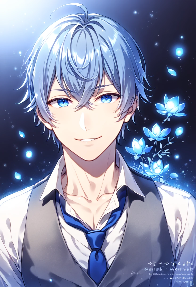 absurdres, highres, ultra detailed, HDR, master piece, Aoyama Kazuki, blue hair, expressive blue eyes, white shirt, gray vest, blue necktie, Tribe Nine, sexy man, handsome, best quality, blue moon, flowers, fantasy, magical, solo, water, blue shining fireflies, blue petals, handsome smile, sensual