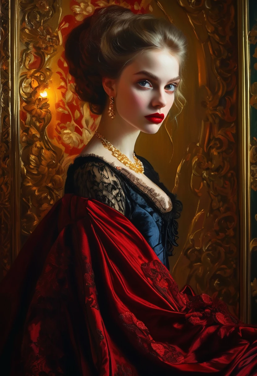 (High resolution,masterpiece:1.2),(Realistic:1.37)Portrait of an 18th century Russian vampire girl of unparalleled beauty. She has captivating red eyes and delicate rosy lips. Long fangs, The portrait is carefully drawn down to the smallest detail., Capture the subtle nuances of her features. She is wearing a beautiful silk gown, Adorned with intricate lace and delicate embroidery. This painting speaks of the luxury of the time., Luxurious velvet curtains and gold furniture in the background. The lighting is soft and diffused, Highlight the girl&#39;s graceful beauty. the colors are vivid and rich, Create compelling visual experiences. This portrait is painted in the classical portrait style., Reminiscent of the works of famous artists of the time. It exudes elegance, Grace, Sophistication. sharp long claws, (Crimson eyes:1.4), Flame-red eyes, (Sharp fangs visible through the gap between his lips:1.8), There is a bite mark on the neck.２There are two holes