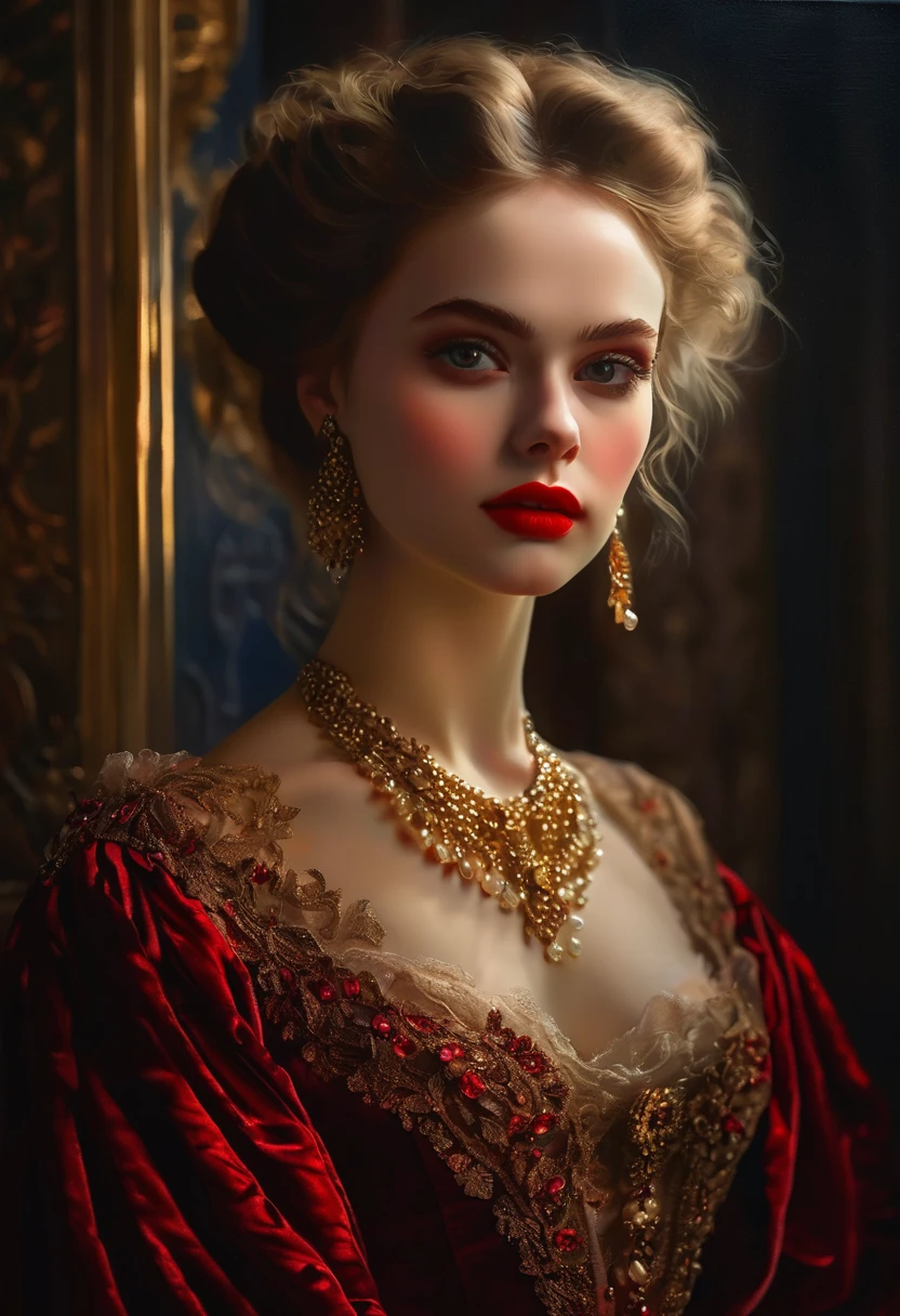 (High resolution,masterpiece:1.2),(Realistic:1.37)Portrait of an 18th century Russian vampire girl of unparalleled beauty. She has captivating red eyes and delicate rosy lips. Long fangs, The portrait is carefully drawn down to the smallest detail., Capture the subtle nuances of her features. She is wearing a beautiful silk gown, Adorned with intricate lace and delicate embroidery. This painting speaks of the luxury of the time., Luxurious velvet curtains and gold furniture in the background. The lighting is soft and diffused, Highlight the girl&#39;s graceful beauty. the colors are vivid and rich, Create compelling visual experiences. This portrait is painted in the classical portrait style., Reminiscent of the works of famous artists of the time. It exudes elegance, Grace, Sophistication. sharp long claws, (Crimson eyes:1.4), Flame-red eyes, (Sharp fangs visible through the gap between his lips:1.8), There is a bite mark on the neck.２There are two holes