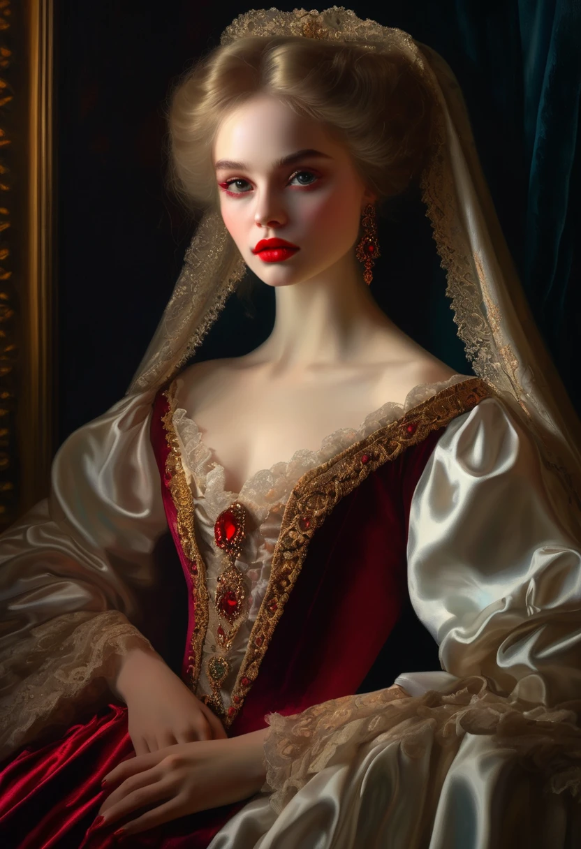 (High resolution,masterpiece:1.2),(Realistic:1.37)Portrait of an 18th century Russian vampire girl of unparalleled beauty. She has captivating red eyes and delicate rosy lips. Long fangs, The portrait is carefully drawn down to the smallest detail., Capture the subtle nuances of her features. She is wearing a beautiful silk gown, Adorned with intricate lace and delicate embroidery. This painting speaks of the luxury of the time., Luxurious velvet curtains and gold furniture in the background. The lighting is soft and diffused, Highlight the girl&#39;s graceful beauty. the colors are vivid and rich, Create compelling visual experiences. This portrait is painted in the classical portrait style., Reminiscent of the works of famous artists of the time. It exudes elegance, Grace, Sophistication. sharp long claws, (Crimson eyes:1.4), Flame-red eyes, (Sharp fangs visible through the gap between his lips:1.8), There is a bite mark on the neck.２There are two holes