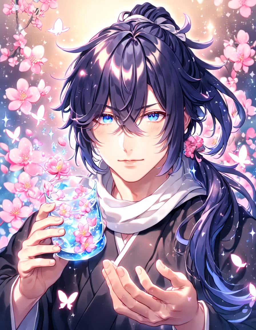 absurdres, highres, ultra detailed, HDR, master piece, best quality, Hajime Saito, long indigo hair, hair loosely tied into a side low ponytail, hair over the right eye, expressive blue eyes, Hakuouki, solo, sexy man, handsome, white scarf, black kimono, water, fantasy, magical, shining, pink flowers, pink blossoms, pink petals, pink butterflies, sparkling glass