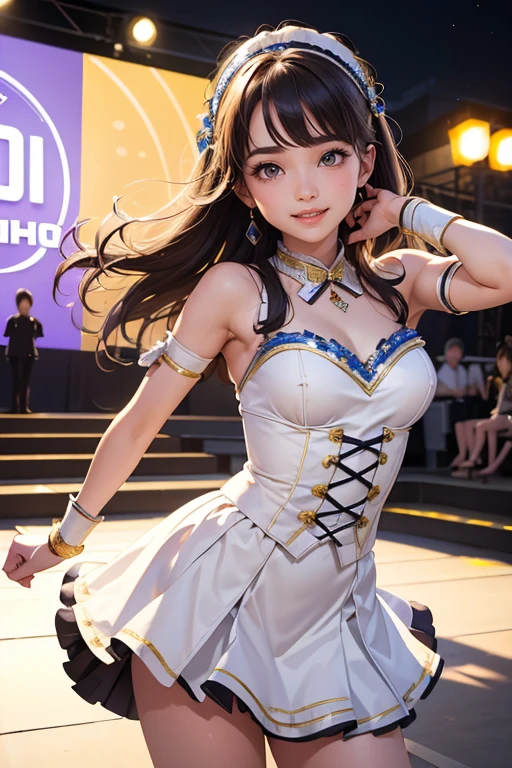 (Highest quality、 8k 、masterpiece、High resolution)、(Dancer)、Full Body Shot、15 year old girl、Idol、cute、Dancing with a smile、Outdoor Stage、AKB48 Costumes、Realistic、Realistic、Official Art、Detailed CG、Professional Lighting、Professional photographer、