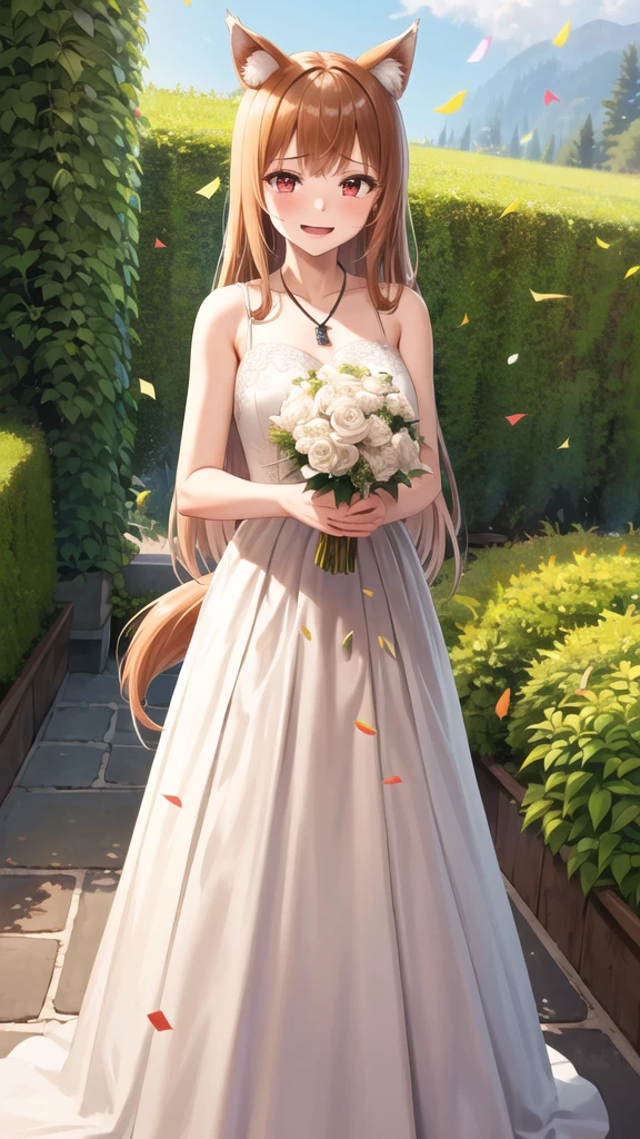 masterpiece, best quality, highres, 1girl, long hair, brown hair, animal ears, red eyes, wolf tail, necklace, wedding dress, white dress,  garden, standing, holding bouquet, smile, tears, confetti,