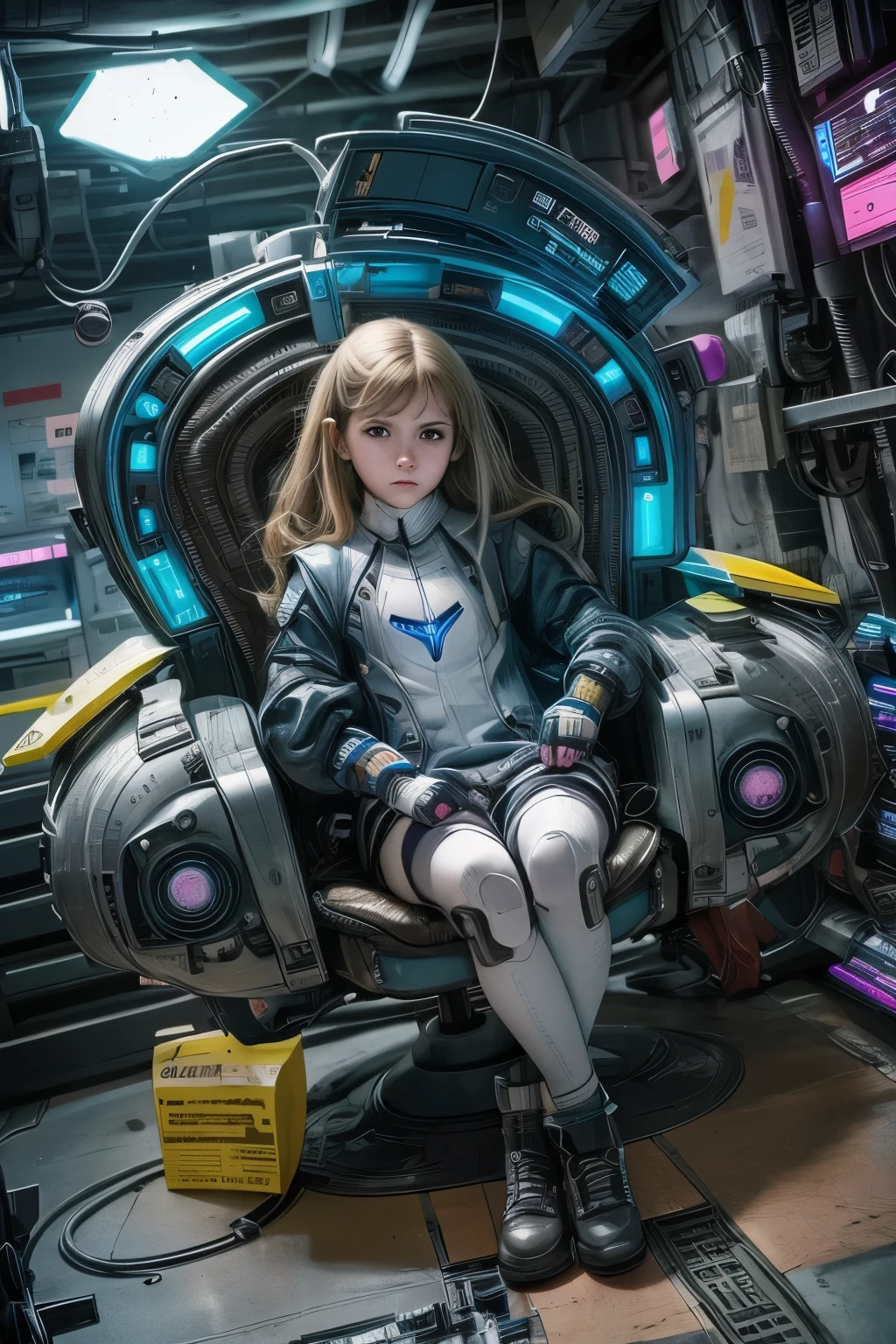 appearence a 13 years old teenage girl,calm,quiet,cute,pretty,full body,looking ahead,combed back,,cyberpunk suit,serious look,cyberpunk background,sentada no trono de rainha,poderosa,soberana